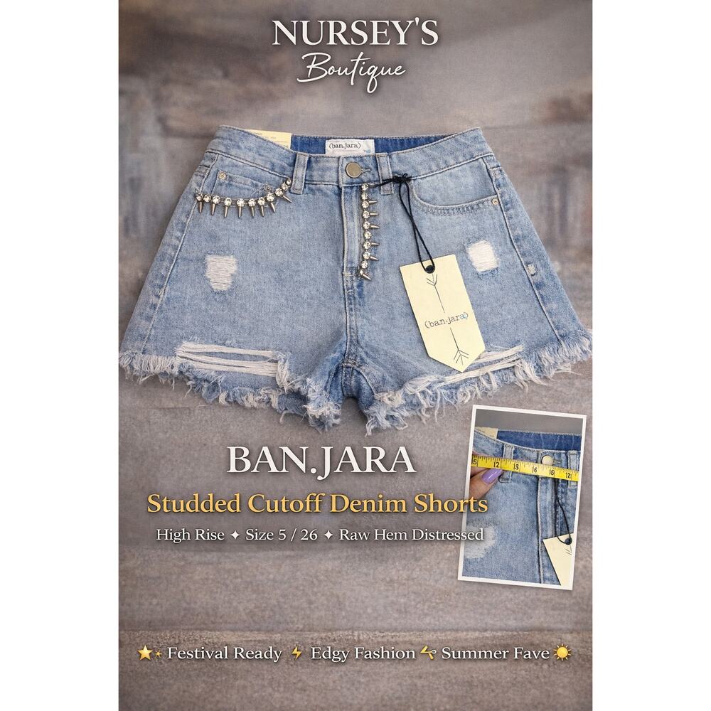 Ban.jara Studded Denim Shorts High Rise Distressed Festival Sz 5